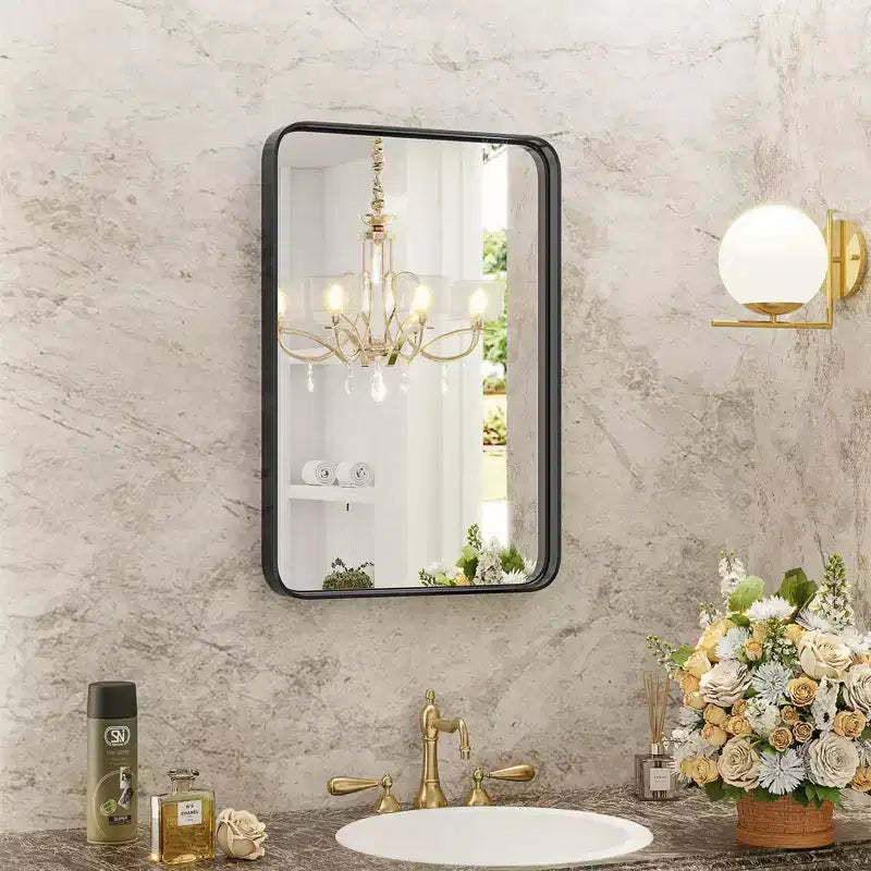 Okak Modern Black Rectangle Tempered Glass Bathroom Mirror Vanity Mirror,Aluminum Alloy Framed Wall Mirror for Bathroom