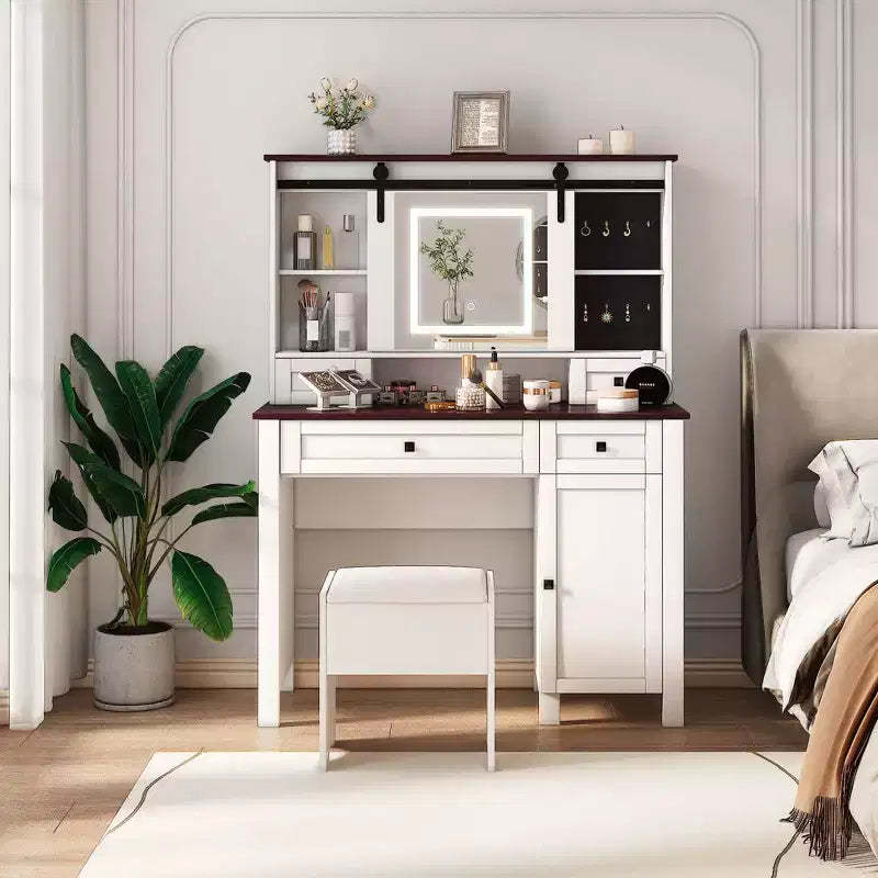 Okak Vanity Table with Lights, Farmhouse Makeup Vanity with Mirror and Lights, 41.73 Wide Vanity Table with 4 Drawers and 1 Cabinet