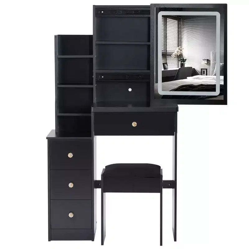 Okak Vanity Table with Drawers and Adjust LED Mirror, 29.2 Left-Side Bedside Vanity Desk with Cushioned Stool and Tri-color Switching, Black
