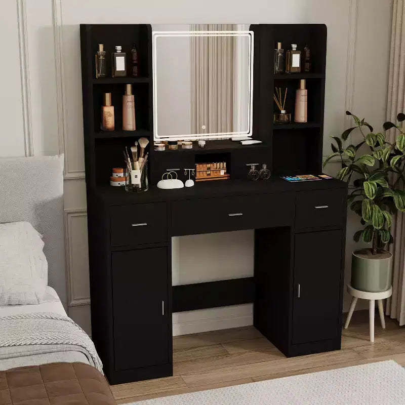 Okak Vanity Table with Lights, with Drawers and Storage Cabinet, Dressing Table with Dressing Pad for Bedroom Living Room