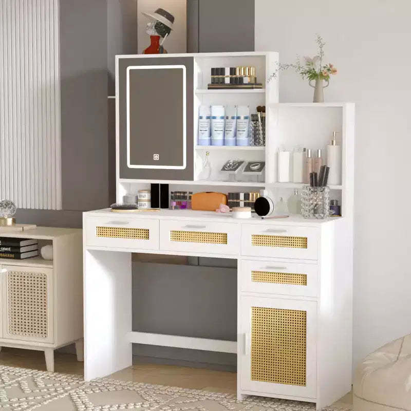 Okak Vanity Table with Lights, 3-Color LED Lighting & Flip Mirror, 4-Drawer Vanity Desk with Cabinet-Shelf Storage System, White