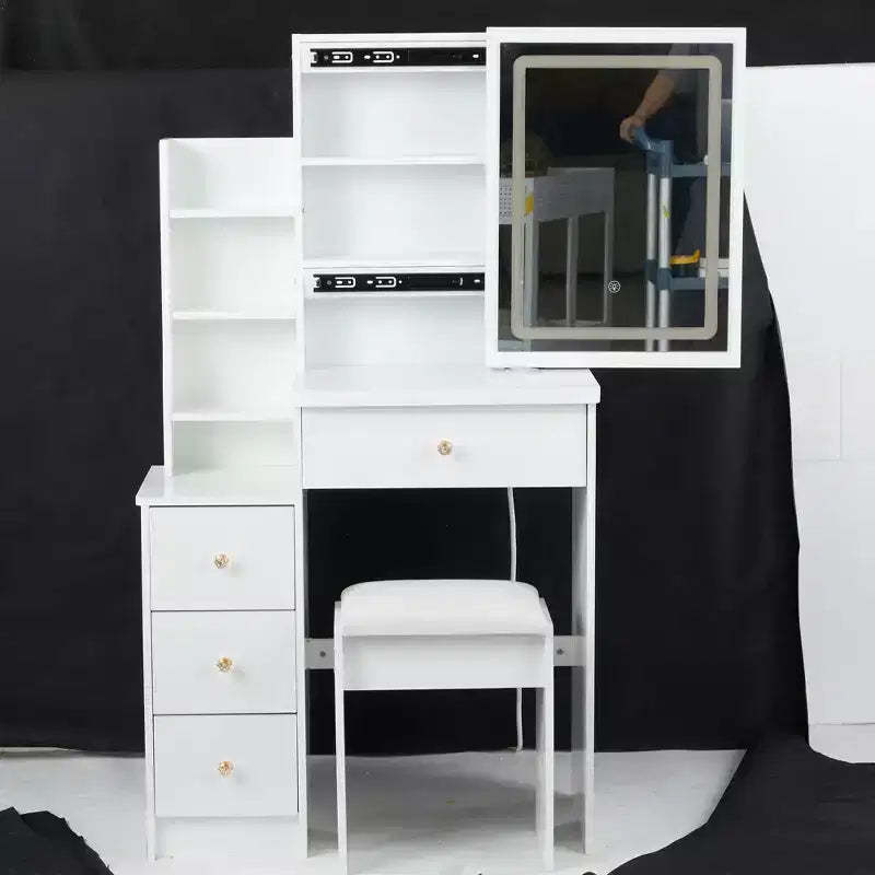 Okak Vanity Table and Chair Set, 29.2 Small Left Bedside Cabinet Vanity Table with Extra Large Touch Control Sliding LED Mirror, White