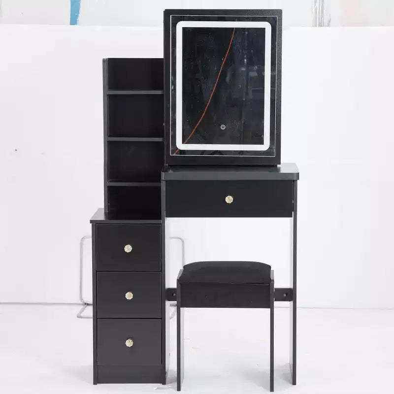Okak Vanity Table and Chair Set, 29.2 Small Size Left Bedside Cabinet Vanity Table with Large Touch Control Sliding LED Mirror, Black