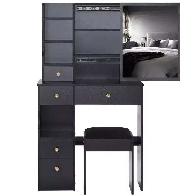 Okak Vanity Tables and Stool Set with 29.2 Small Left-Drawer,Dressing Table with Oversized Touch-Sensitive Sliding Mirror,Black