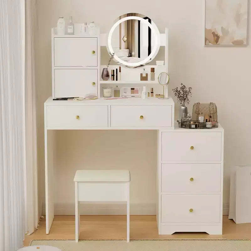 Okak Vanity Table with Right Drawers and Lights for Makeup and Cushioned Chair,Vanity Desk with Lights and Table Set with 3 Color Lighting,White