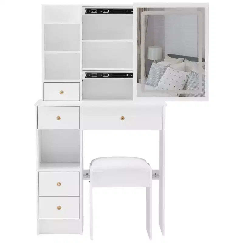 Okak Vanity Tables and Stool Set with 29.2 Small Left-Drawer,Dressing Table with Oversized Touch-Sensitive Sliding LED Mirror,White