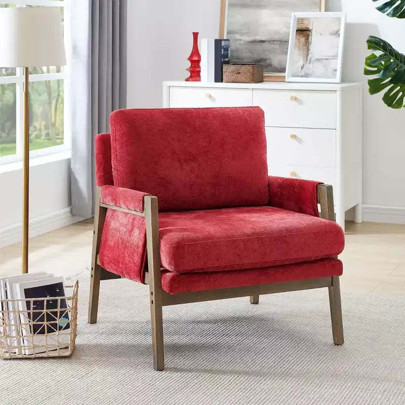 Okak Modern Velvet Accent Chair Living Room Chair with Upholstered Mid-Century Stylish Armchair with Rubber Wood Legs for Reading Room Bedroom