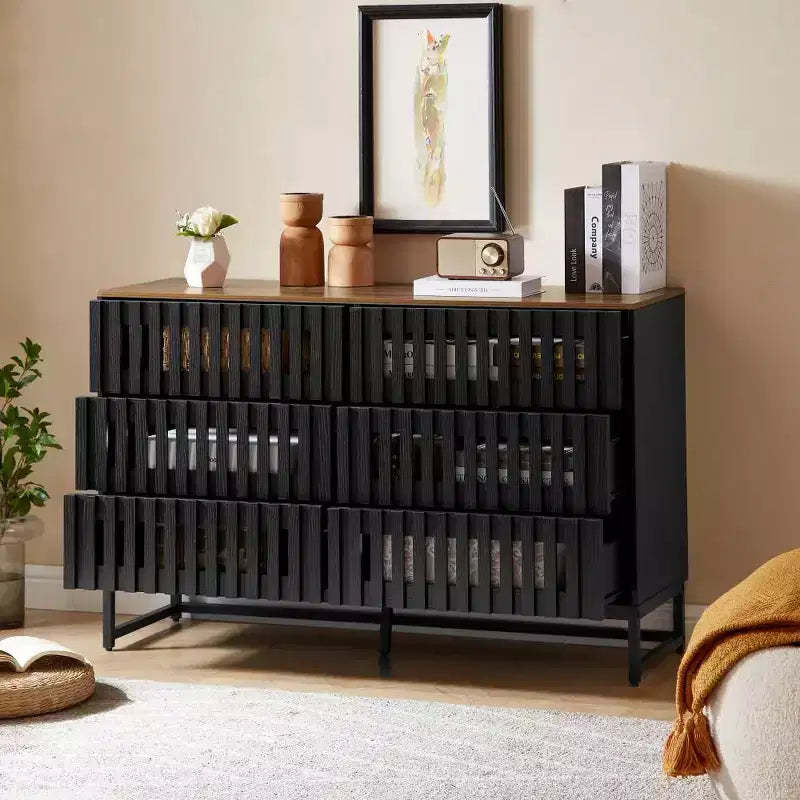 Okak Chic Slatted Dresser with 3/6 Drawers,Modern Style Chest of Drawers for Living Room,Entryway,Slatted Grille&Metal Legs,Black&Brown