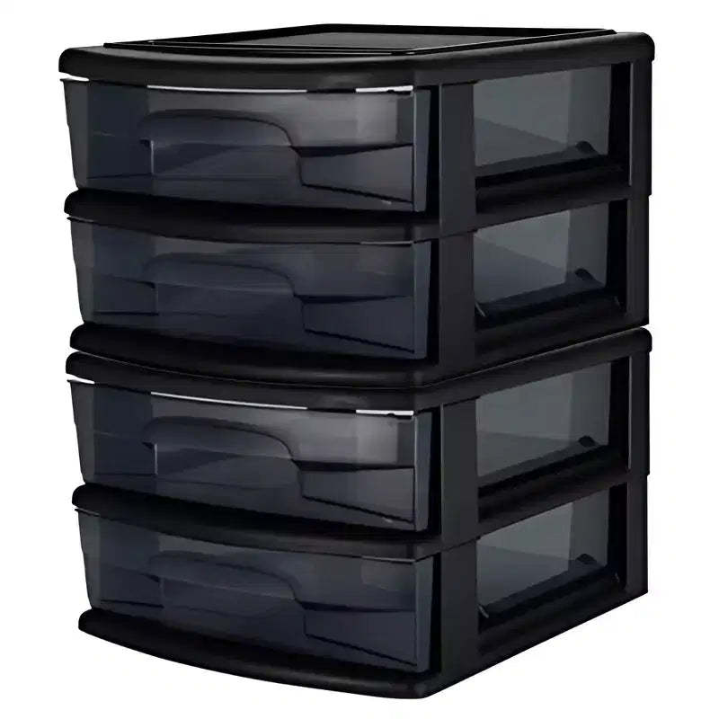 Homz 2 Pack Storage Cart, Medium 2 Drawer Plastic Container for Home and Office Organization, Black Frame with Smoke Tint Drawers