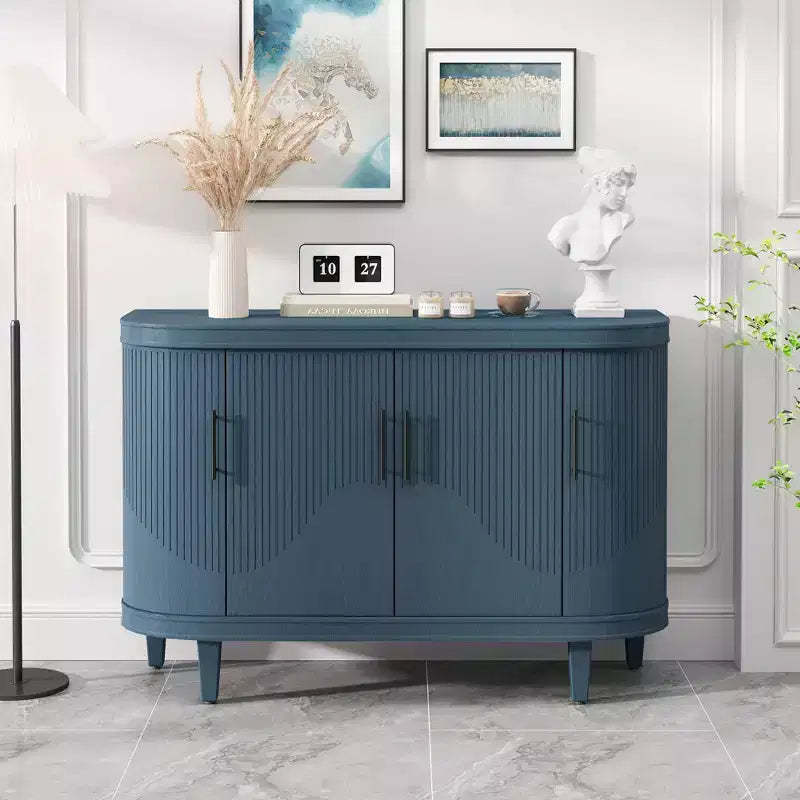 Blue Curved Sideboard 47.2-Inch Decorative Storage Cabinet Wooden Console Table Cabinet with 4 Doors and Adjustable Interior Shelves