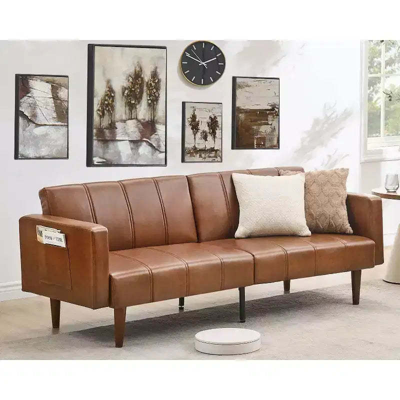 75 inch Futon Sofa Bed, Mid-Century Modern Futon Couch, Convertible Sleeper Sofa with Adjustable Backrest,Loveseat with Side Pockets, PU Leather Sofa