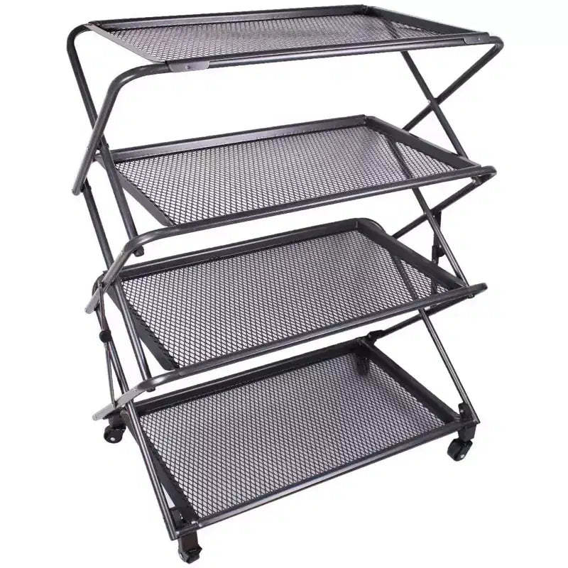 Zenree 4-Tier Foldable Steel Shelf with Casters, Powder-Coated Finish, Removable Mesh Trays, 39H