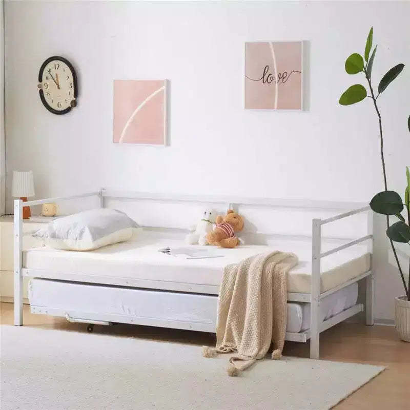 Karl Home White Twin Size Daybed with Pop Up Trundle Heavy Duty Metal Twin Bed with Trundle No Box Spring Needed