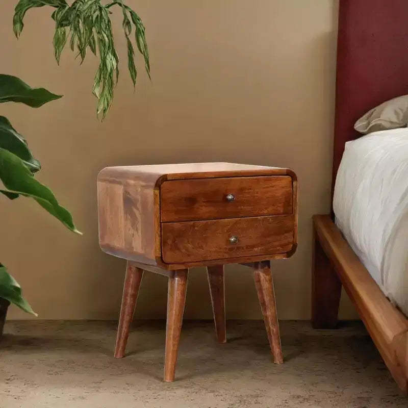 GDFStudio Hornby Modern Mango Wood Curved Nightstand with 2 Drawers