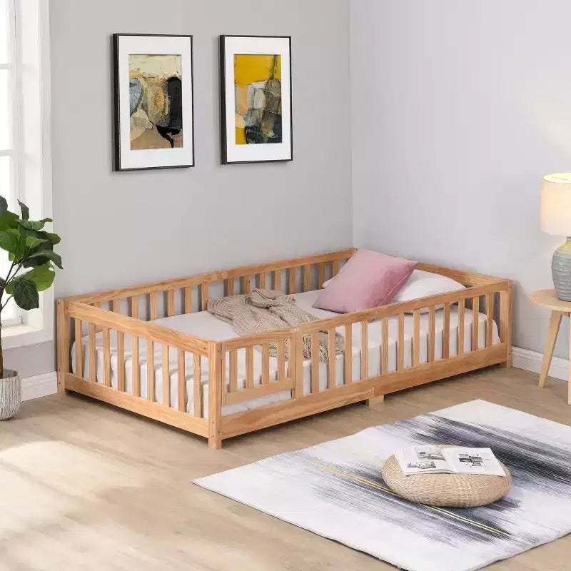 Okak Solid Wood Bed Frame Twin Size, Floor Bed Frame with Safety Rails & Slat Support, Kids Bed for Bedroom