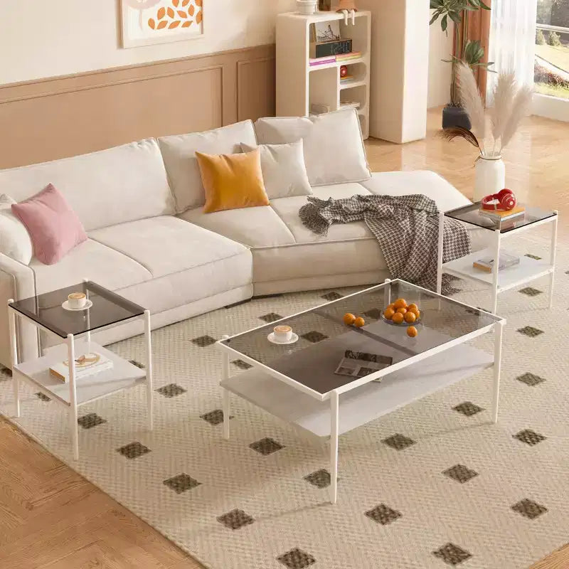 MAYEERTY Coffee Table and End tables Set of 3, Tempered Glass Table with MDF layer, Modern Tables for Living Room, Gray Glass