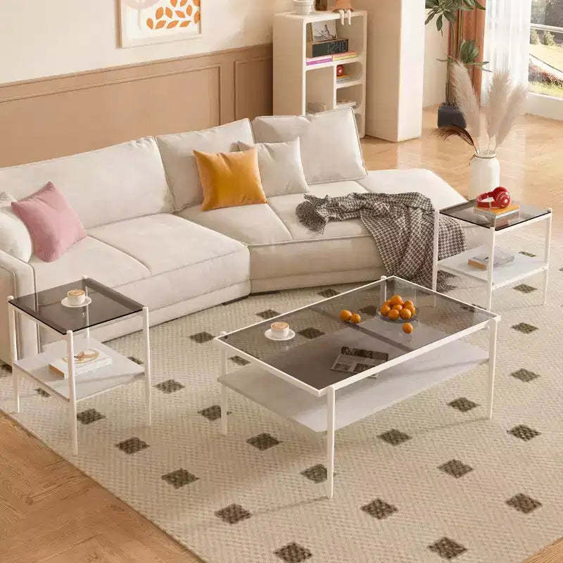 MAYEERTY Coffee Table and End tables Set of 3, Tempered Glass Table with MDF layer, Modern Tables for Living Room, Gray Glass