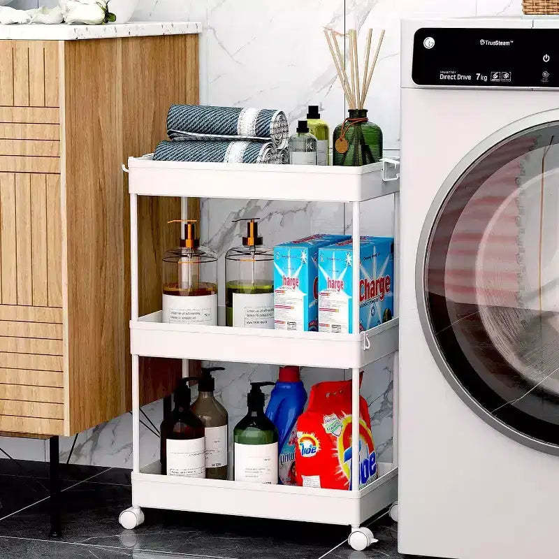 ACOINEL Rolling Storage Cart 3 Tier, Bathroom Cart Organizer Laundry Room Organizer Utility Cart Mobile Shelving Unit Multi-Functional Shelves White