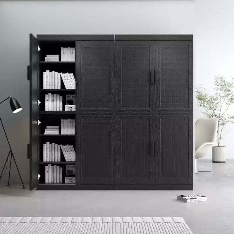 62x62x16 Wood Grain Buffet Cabinet in Black, Storage Organizer with Adjustable Shelves and Rattan Doors for Kitchen Bedroom Living/Dinning Room