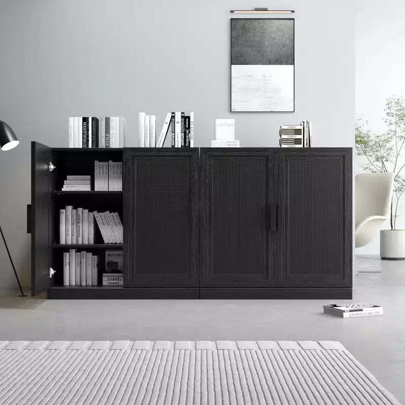 31x62x16 Wood Grain Buffet Cabinet in Black, Storage Organizer with Adjustable Shelves and Rattan Doors for Kitchen Bedroom Living/Dinning Room