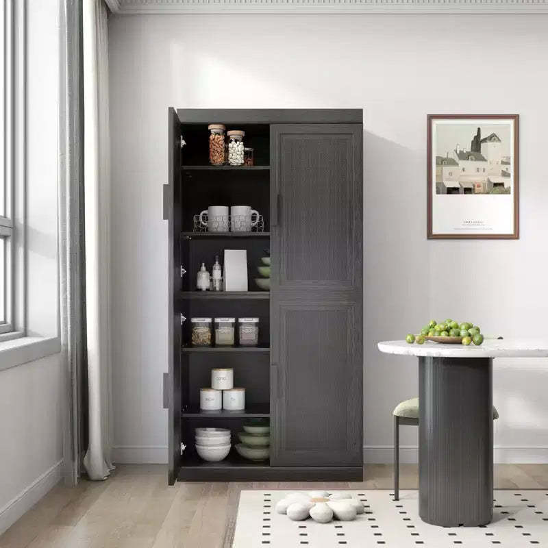 62x31x16 Wood Grain Buffet Cabinet in Black, Storage Organizer with Adjustable Shelves and Rattan Doors for Kitchen Bedroom Living/Dinning Room