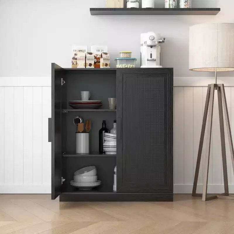 36x31x16 Wood Grain Buffet Cabinet in Black, Storage Organizer with Adjustable Shelves and Rattan Doors for Kitchen Bedroom Entryway Living Room