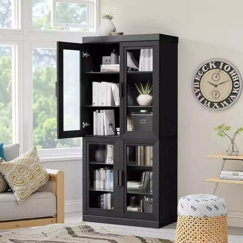 67x31x16 Wood Accent Sideboard Cabinet in Black, Storage Organizer with Adjustable Shelves and Glass Doors for Kitchen Bedroom Living/Dinning Room