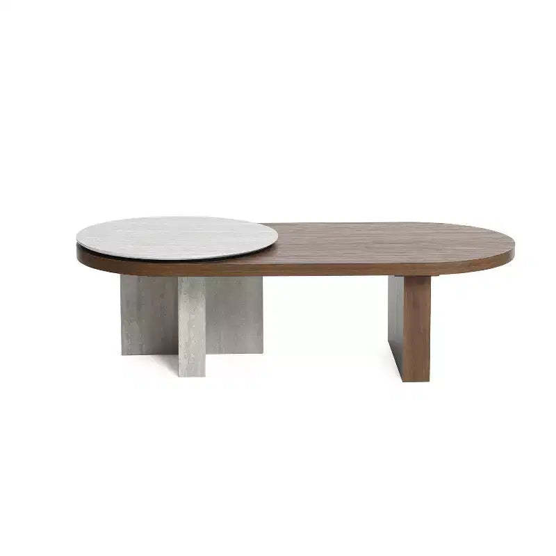 LuxenHome Travertine-Style and Walnut Finish MDF Wood Oval Coffee Table Brown