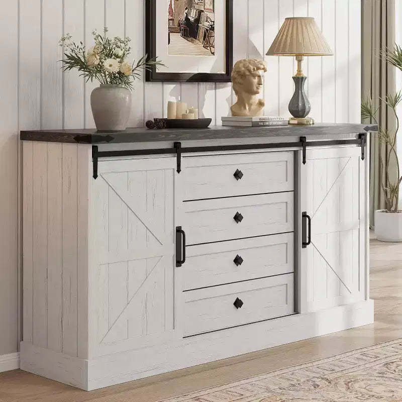 Sideboard Buffet Cabinet with Storage, Farmhouse TV Stand w/Sliding Barn Door, Large Buffet Table for Dining Room, Kitchen and Living Room