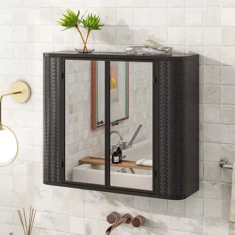 Chic Crate Black Wall-Mounted Vanity  2 Mirrored Doors & Open Shelf | Farmhouse Metal Frame | Over-the-Sink