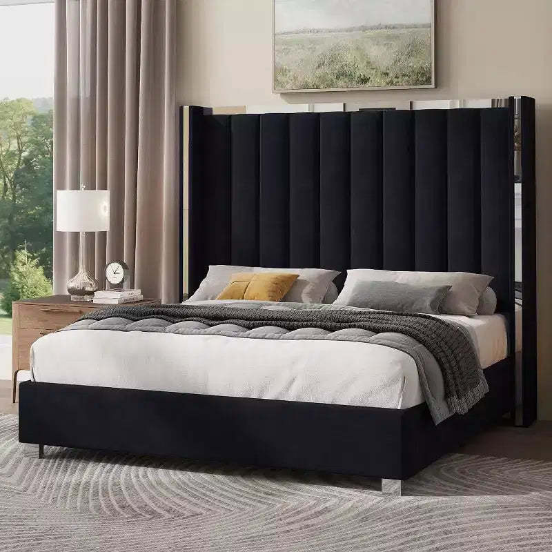 AMERLIFE Bed Frame with 58 tall Headboard, Velvet Upholstered Platform bed
