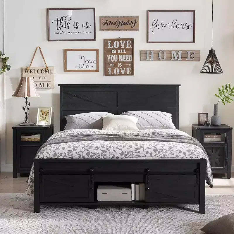 SinCiDo Beds with Headboards & Sliding Door Storage Cabinets, Farmhouse Wood Bed with Solid Wood Slats Support, Noiseless