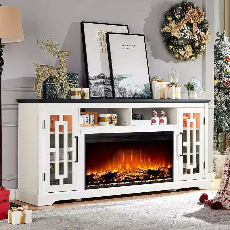 AMERLIFE Farmhouse Fireplace TV Stand with 36in Electric Fireplace for TVs Up to 80, Distressed White