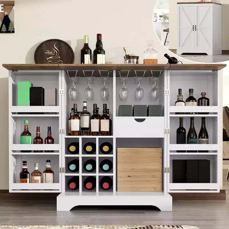 AMERLIFE 61 Farmhouse Bar Cabinet with 9 Wine Racks, Folding Storage Wine Liquor Cabinet, Rustic White
