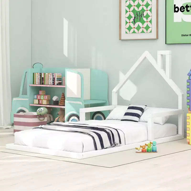 Okak Twin Size Bed Frame with Storage Headboard, Twin Size Wood Floor Bed with House-shaped Headboard for Bedroom, White