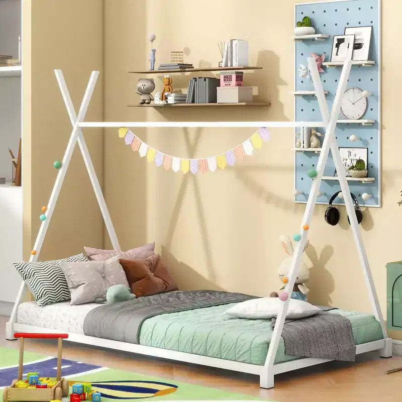 Okak Twin Size Bed Frame, Metal Twin Size House Platform Bed with Triangle Structure for Bedroom, White