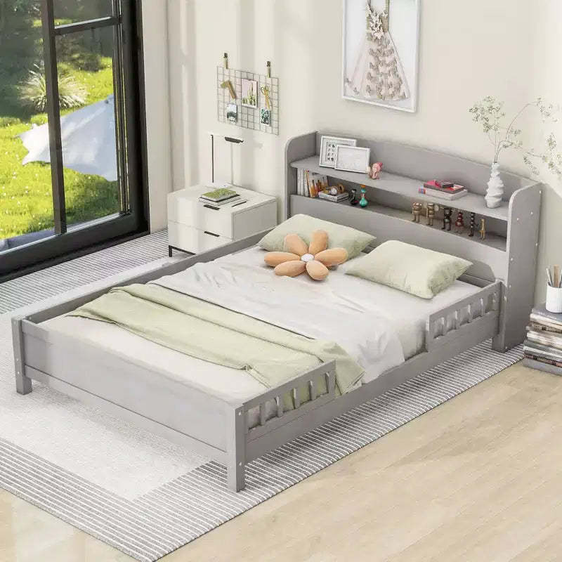 Okak Full Size Bed Frame with Headboard, Wood Platform Bed with Built-in LED Light, Storage Headboard and Guardrail, Antique Gray