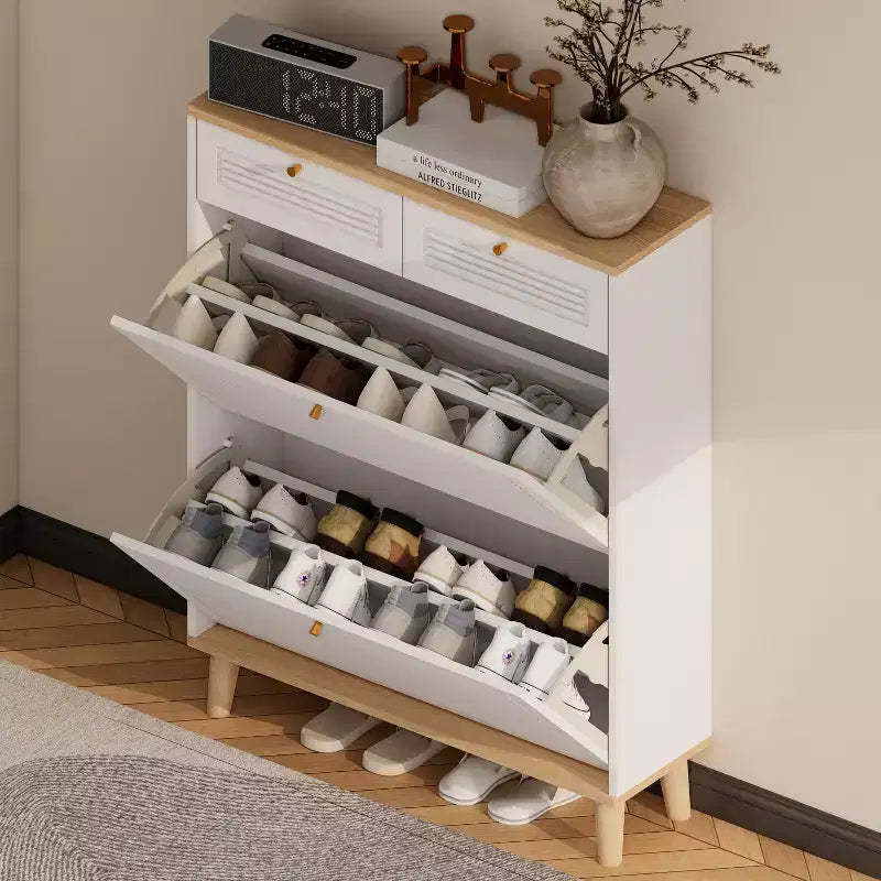 GDFStudio Roger Freestanding 2 Flip Doors Wood Shoe Cabinet with Adjustable Shelf and 2-Drawer