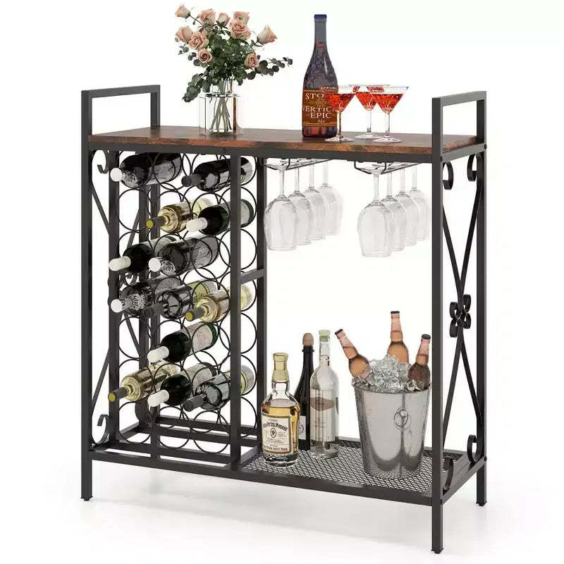 Costway 21 Bottle Wine Rack Freestanding Floor Wine Bottle Organizer with Storage Shelf Black & Gold /Brown