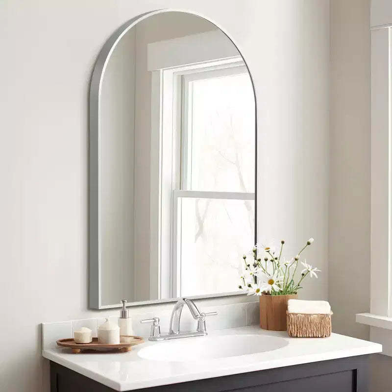 36x24 Arched Bathroom Mirror with Aluminum Alloy Metal Frame, HD Wall Mounted Hanging Vanity Mirror for Bedroom Living Room Entryway, Silver