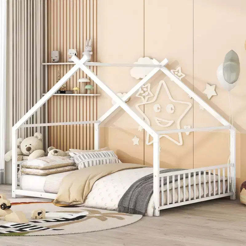 Okak Full Size Bed Frame with Storage, Full Size Bed Frame for Kids, House-Shaped Metal Platform Bed with Twin Size Trundle, White