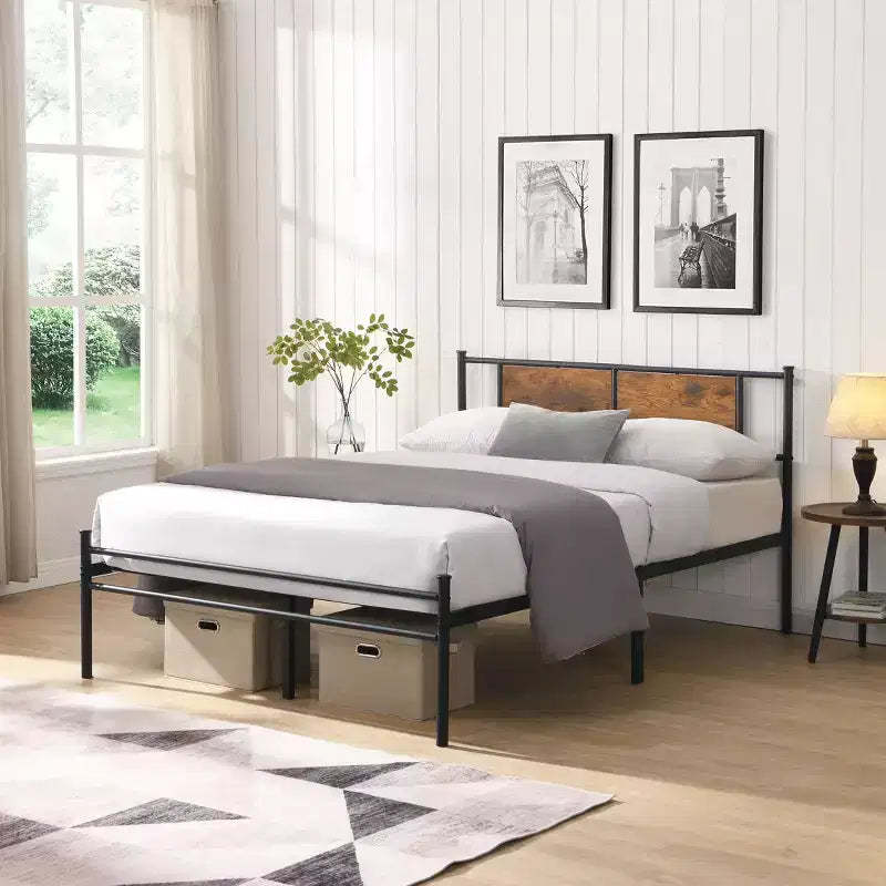 Okak King Size Bed Frame with Headboard, Modern Platform Bed with Wood Panel Decoration for Bedroom, Black