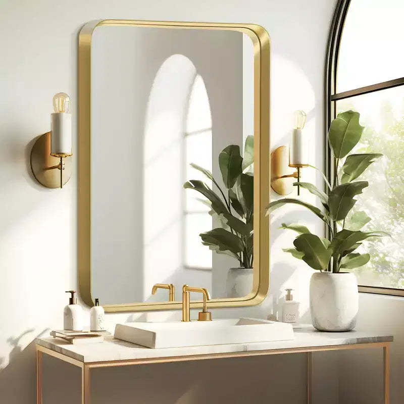 38x26 Rectangle Bathroom Mirror with Aluminum Alloy Frame, Wall Mounted Vanity Mirror for Bedroom Living Room Entryway, Gold