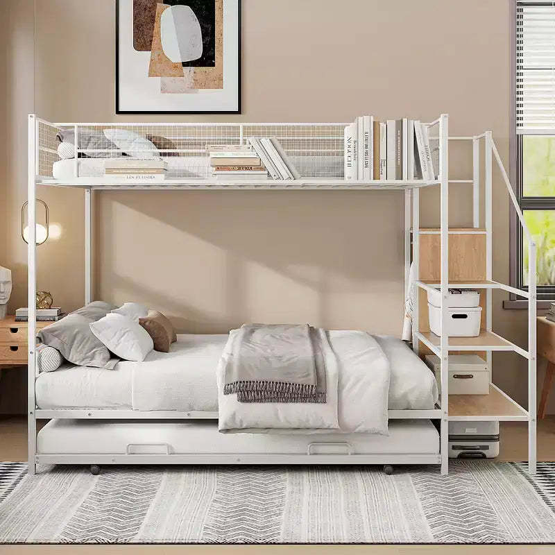 Okak Twin Over Full Bunk Beds for Kids, Metal Platform Bed Frame with Trundle and Lateral Storage Ladder, Wardrobe for Bedroom, White