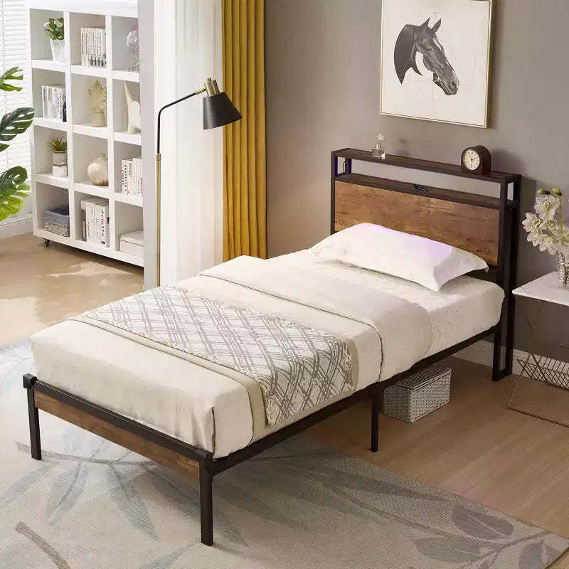 Okak Twin Size Metal Platform Bed Frame with Wooden Headboard and Footboard,Modern Bed Frame with USB Liner for Bedroom,Black+Brown
