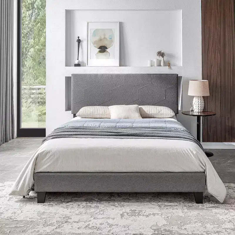 Okak Queen Size Upholstered Platform Bed Frame, Linen Bed Frame with Wood Slat Support for Bedroom, Gray PU