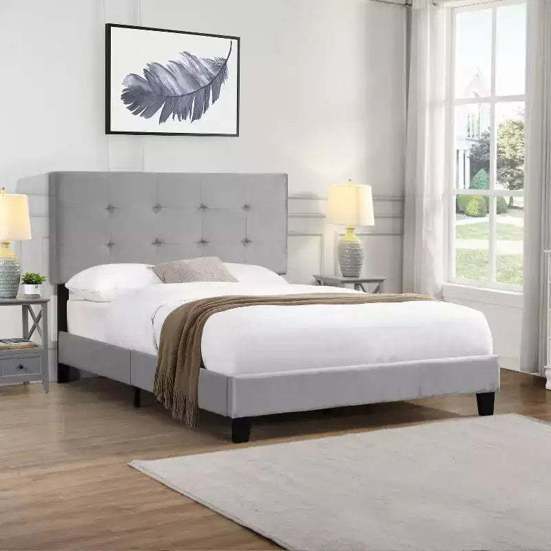 Okak Full Bed Frame with Pull Point Tufted Headboard,Upholstered Platform Bed Frame with Wood Slat Support for Bedroom,Gray