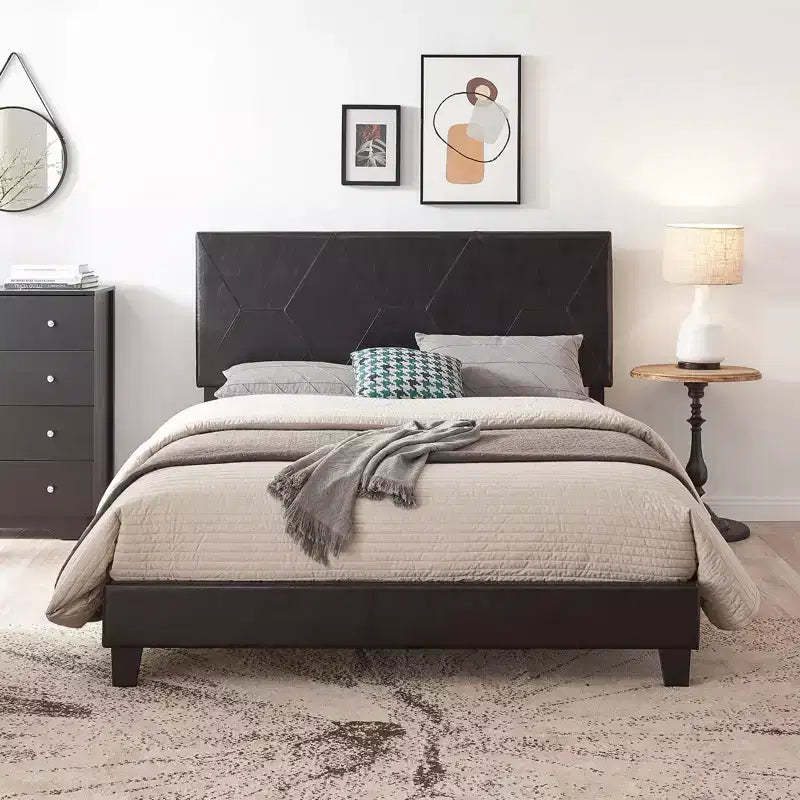 Okak Queen Size Upholstered Platform Bed Frame ,Wood Slat Support, Easy Assembly, Black, PU