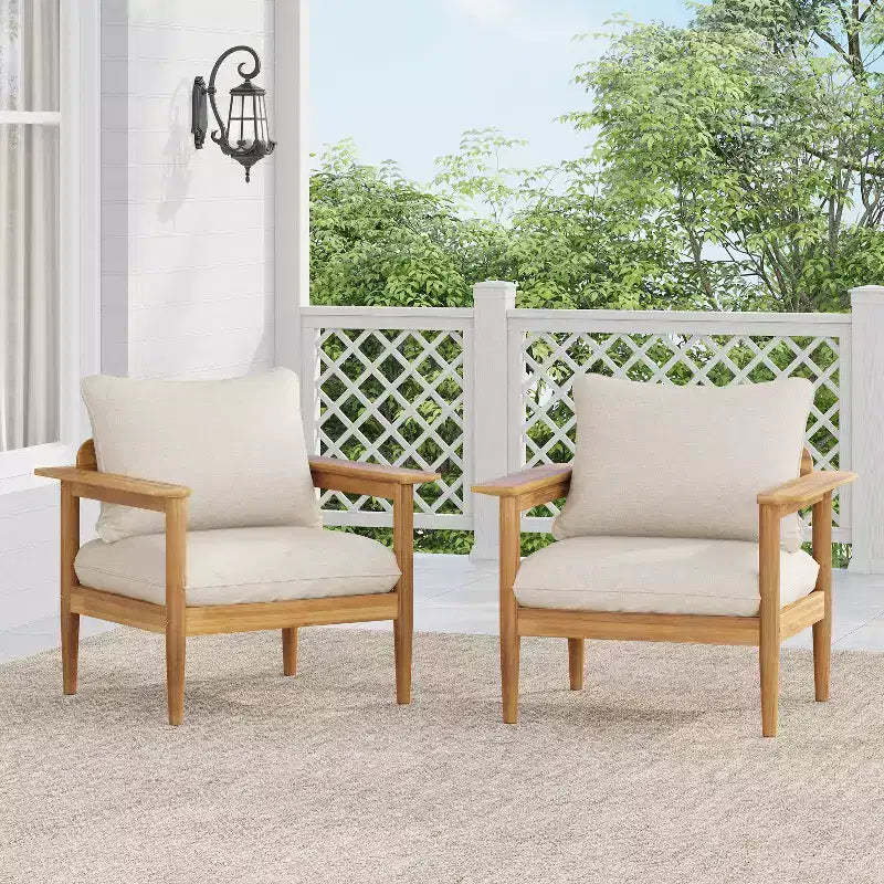 Christopher Knight Home Kari Patio Acacia Wood Slatted Club Chair with Water-Resistant Cushions, Beige/Light Teak