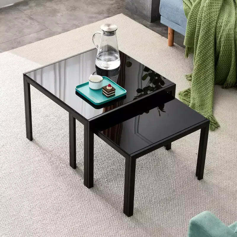 Okak Modern Square/Rectangle Stacking Coffee Table Nesting Coffee Table Set of 2 with Tempered Glass Finish for Living Room/Office, Space-Saving